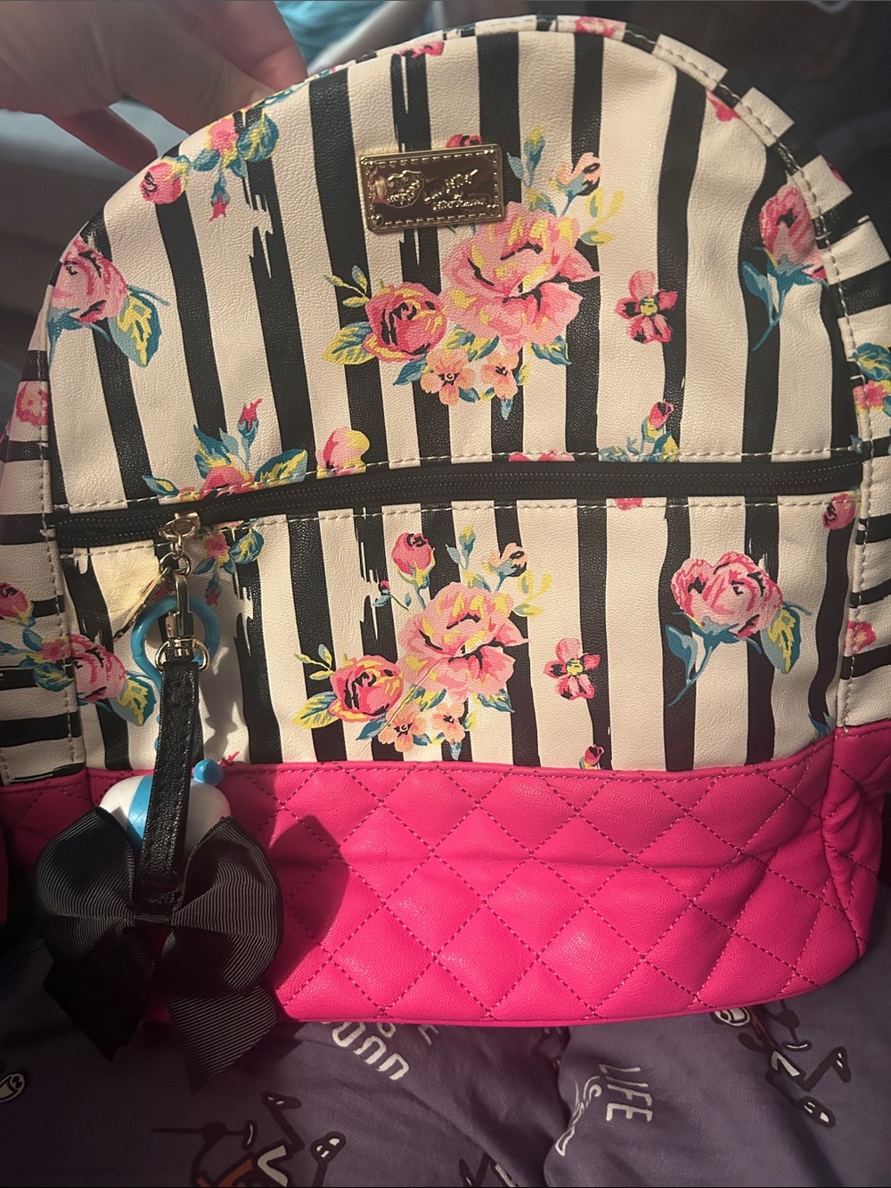 Betsey Johnson Black & White Striped Floral Backpack with Pink Quilted Base